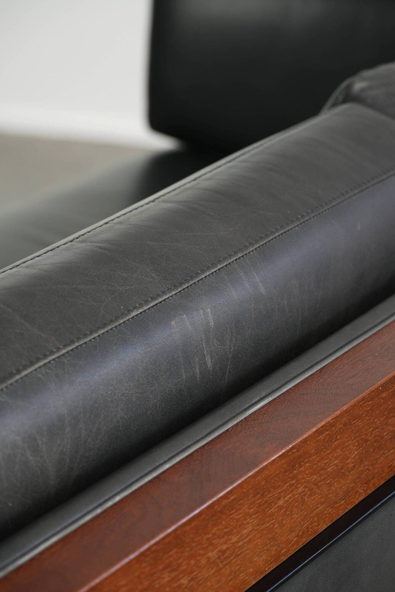 Timeless 3-seater Art Deco design sofa  upholstered in black cowhide leather