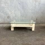 Table basse sculpturale travertin et verre, vintage 1980s