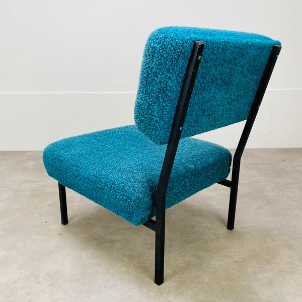 Chauffeuse moderniste années 50 tissu bouclette bleu vintage