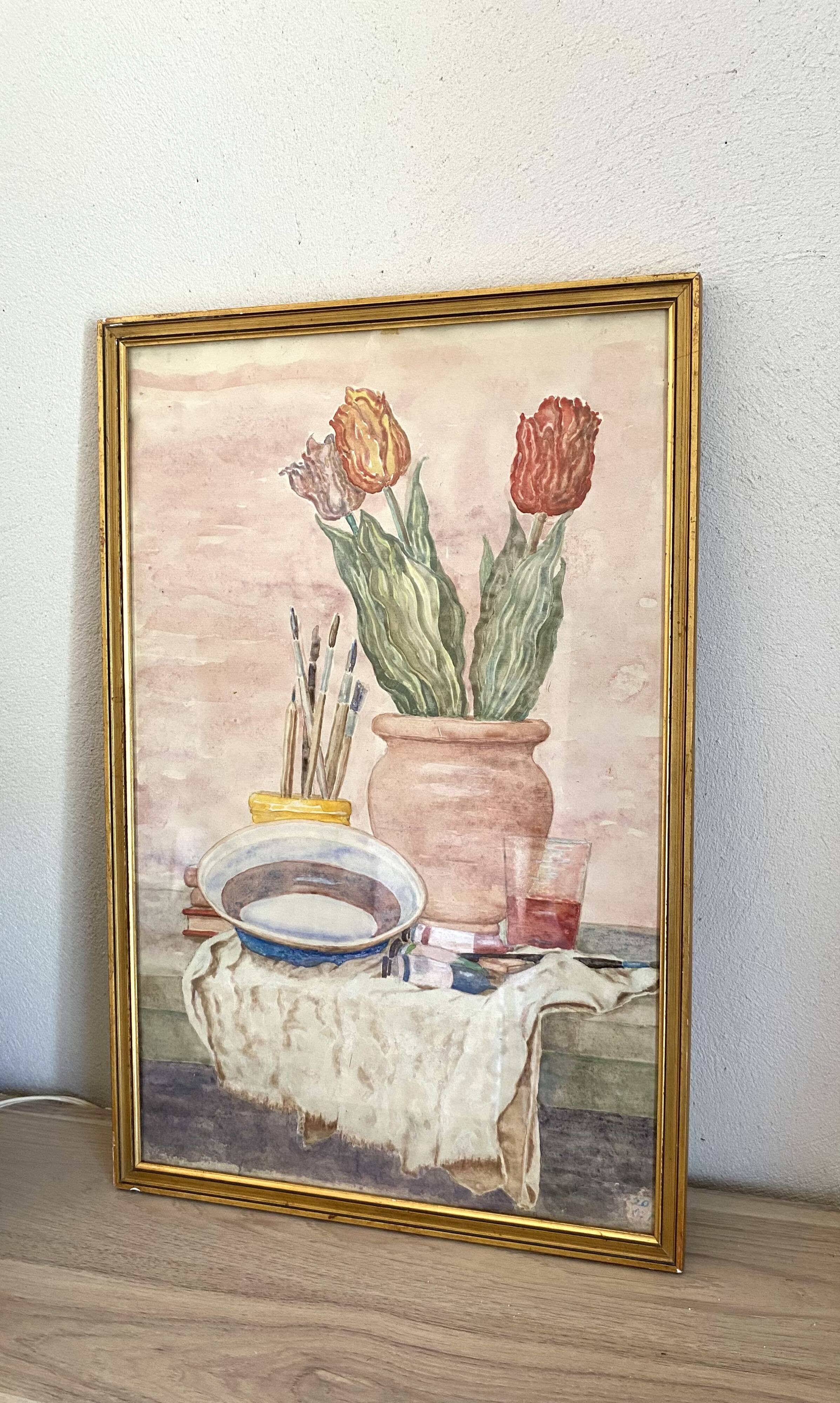 Watercolour still life from the 1970s under glass.