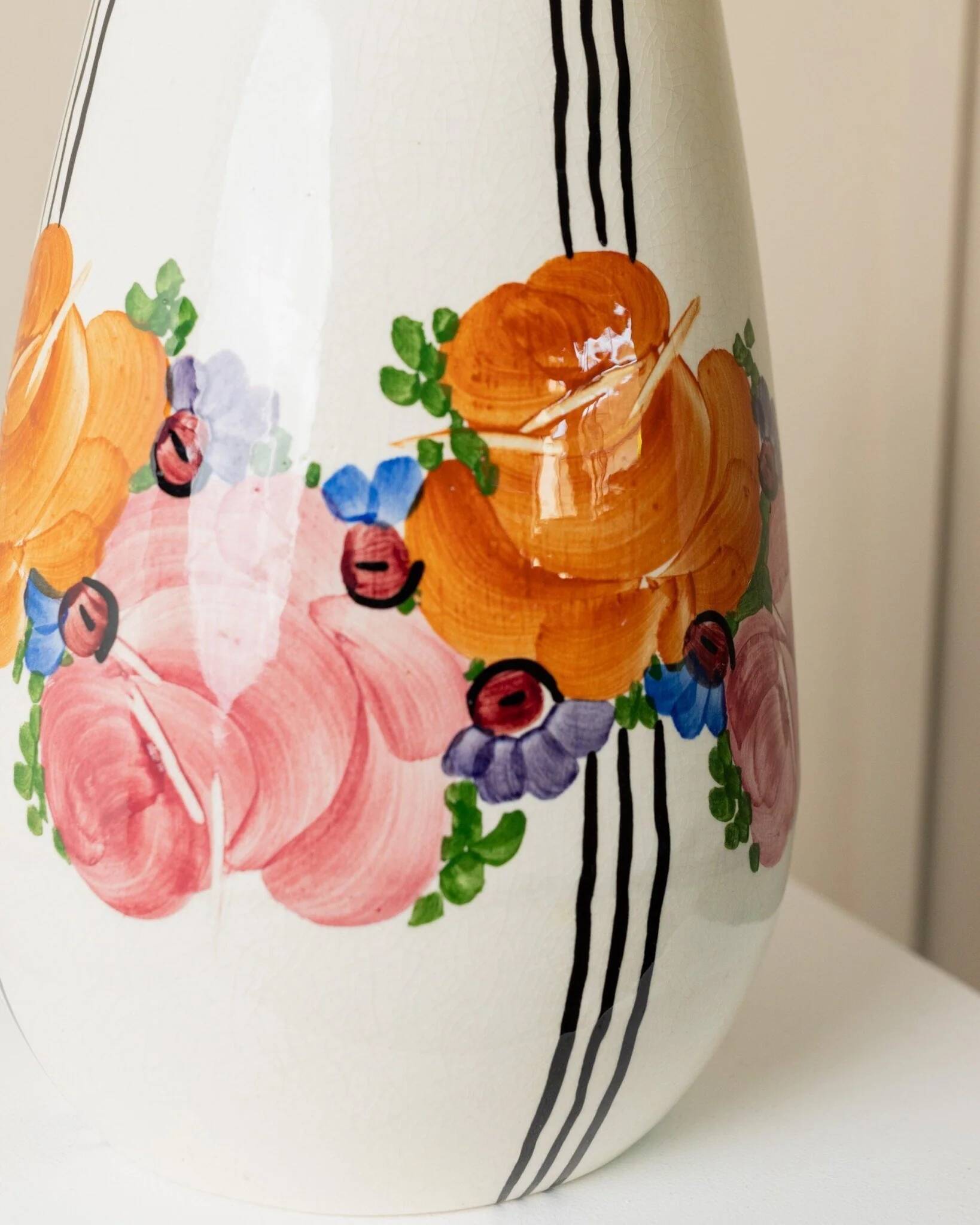 Cream Ceramic Vase by Zeh Scherzer - Hand-Painted Bulbous Mid-Century Floral Stripe, 1970s