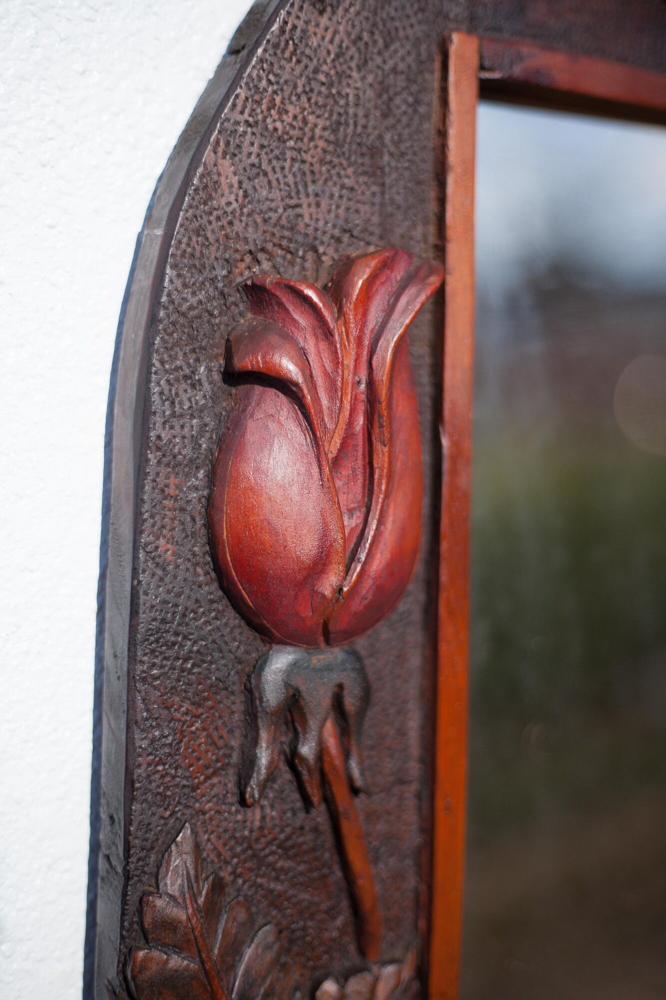 Antique wood mirror, art deco mirror, carved wood mirror tulip patterns, wall mirror, art deco