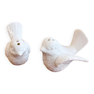 Salt and pepper shakers in porcelain with bird design.