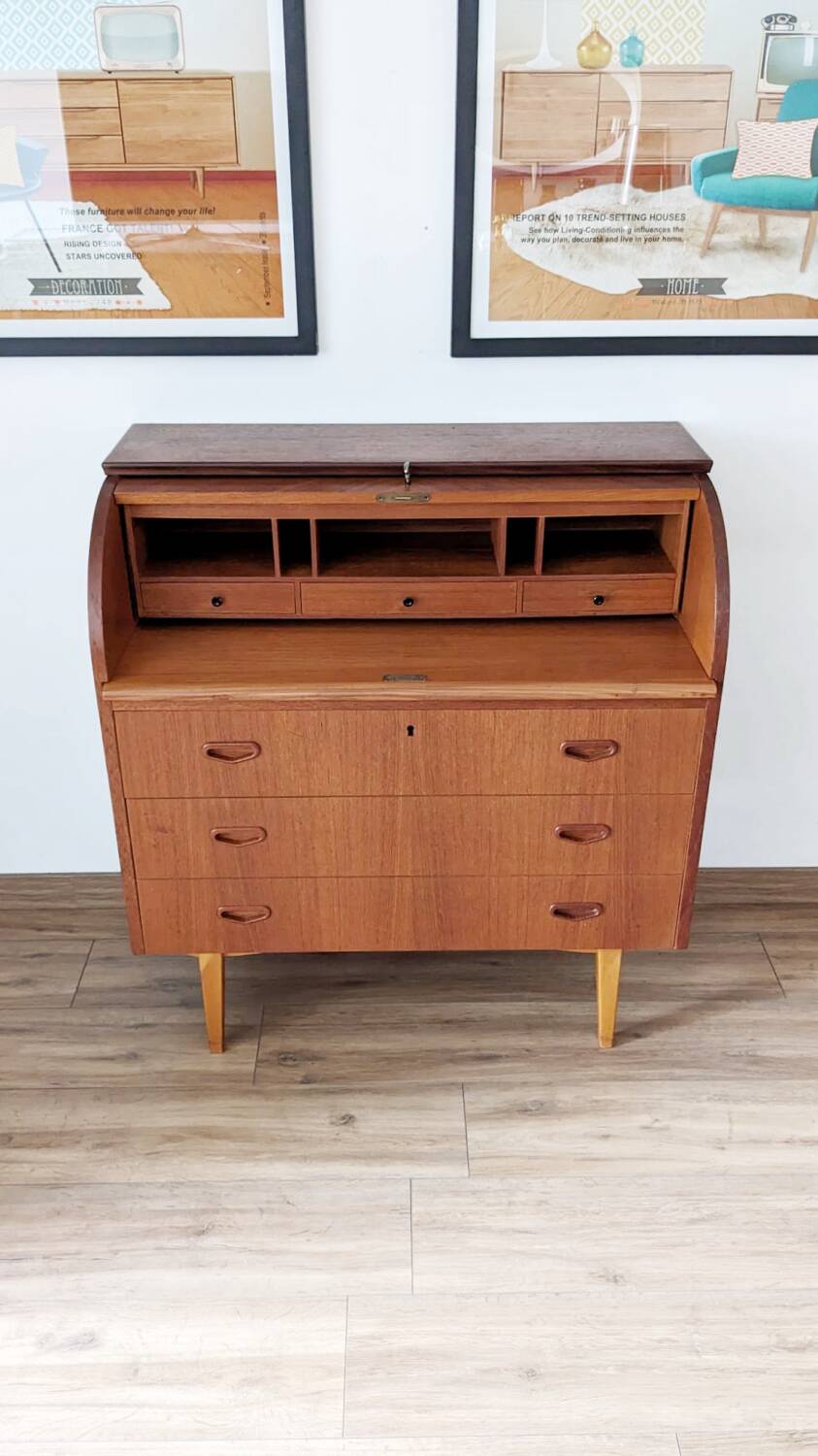 Bureau secrétaire à cylindre teck midcentury