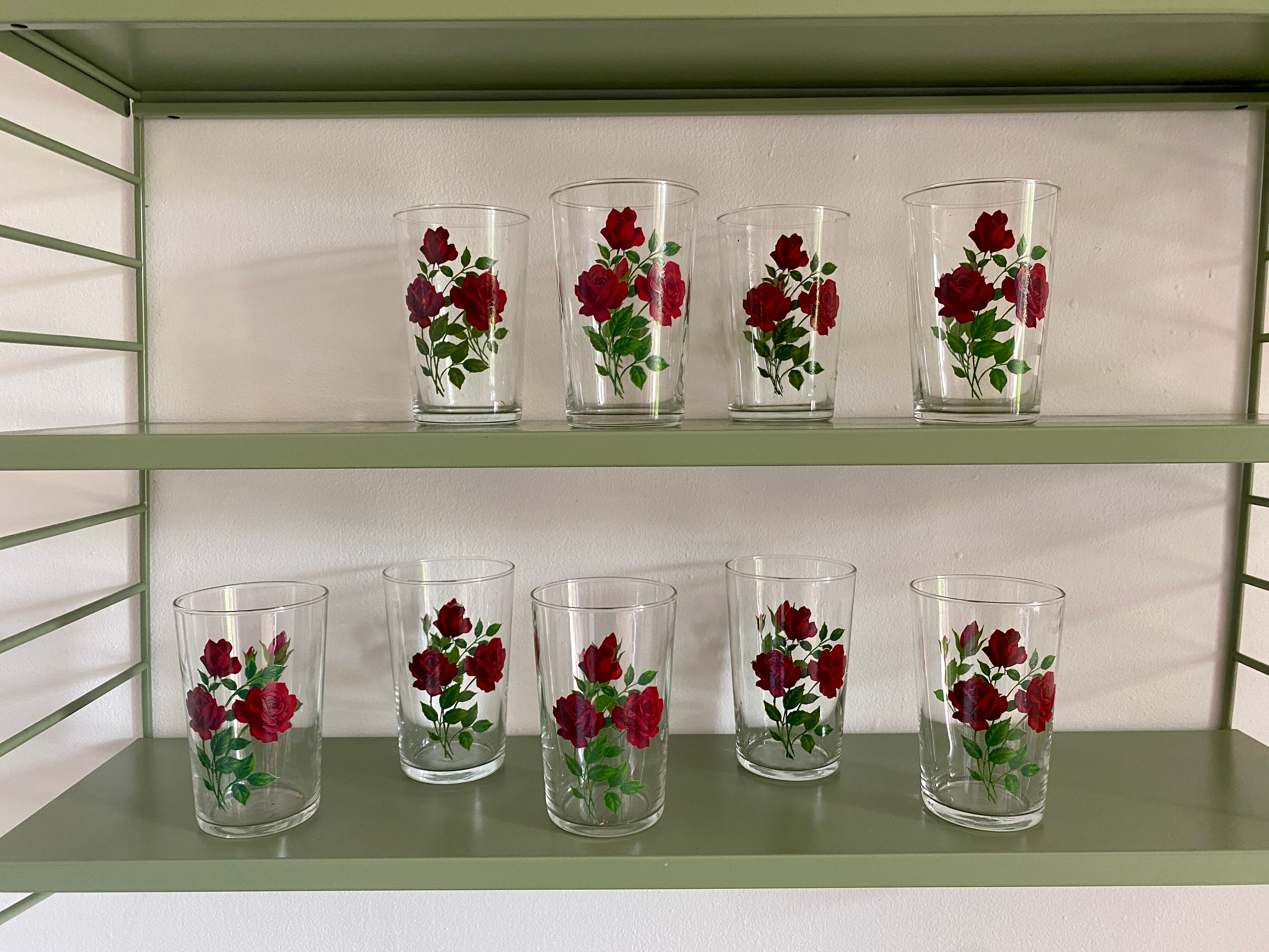 Set of 9 vintage glasses with flower designs - red roses -