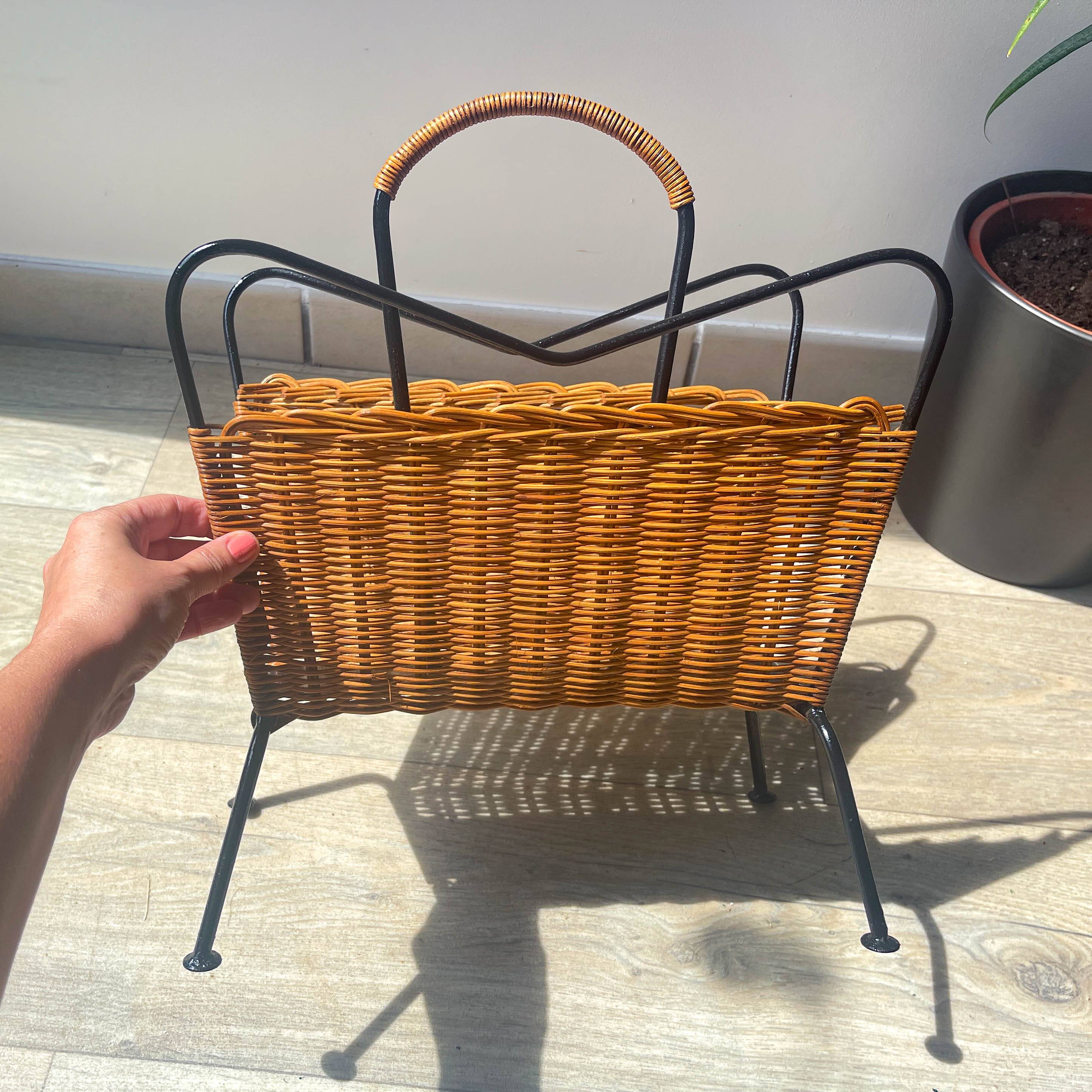 Vintage wicker and metal magazine rack 1970