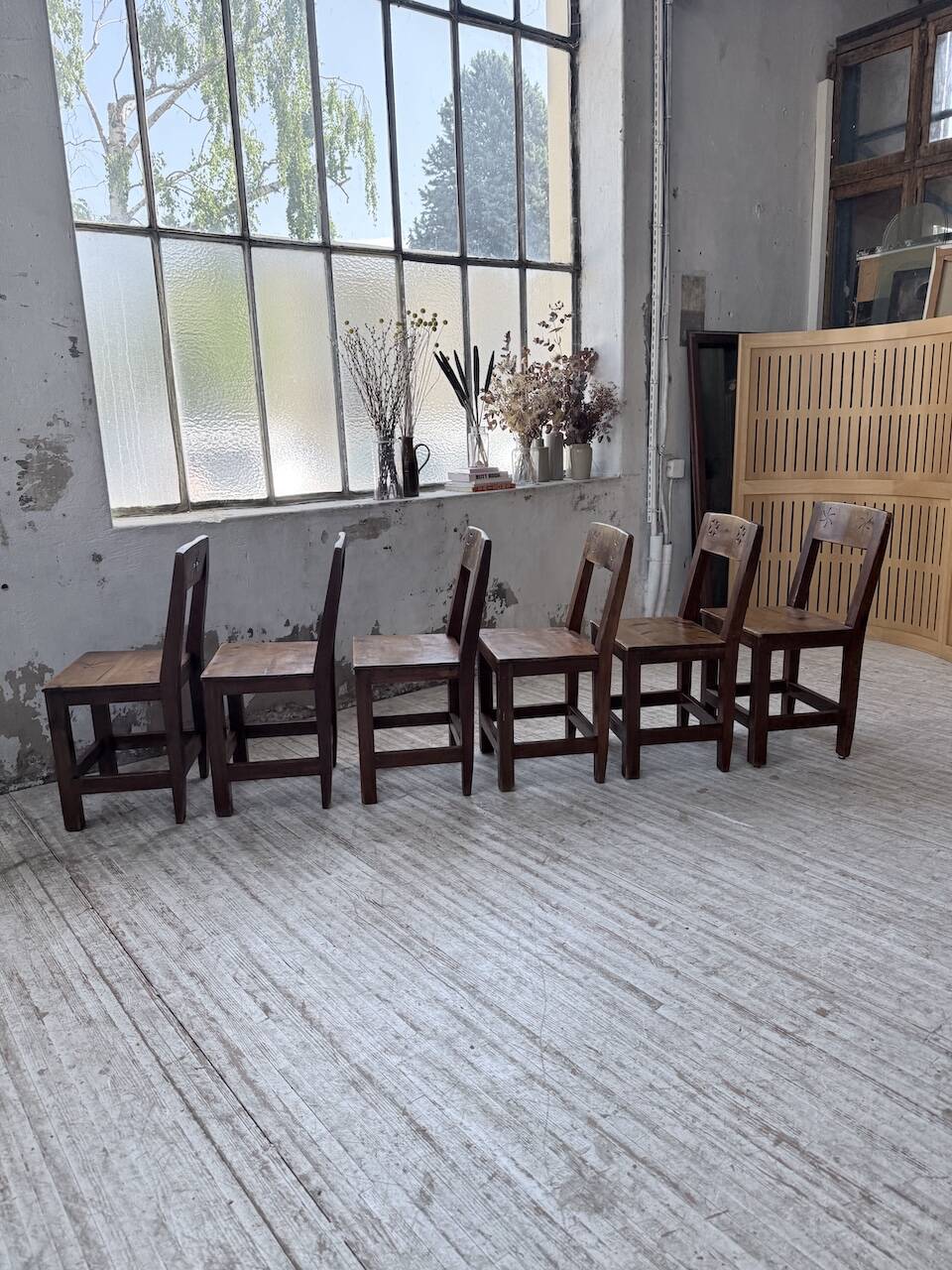 Set of 4 Savoyard pine folk art chairs from the 1950s.