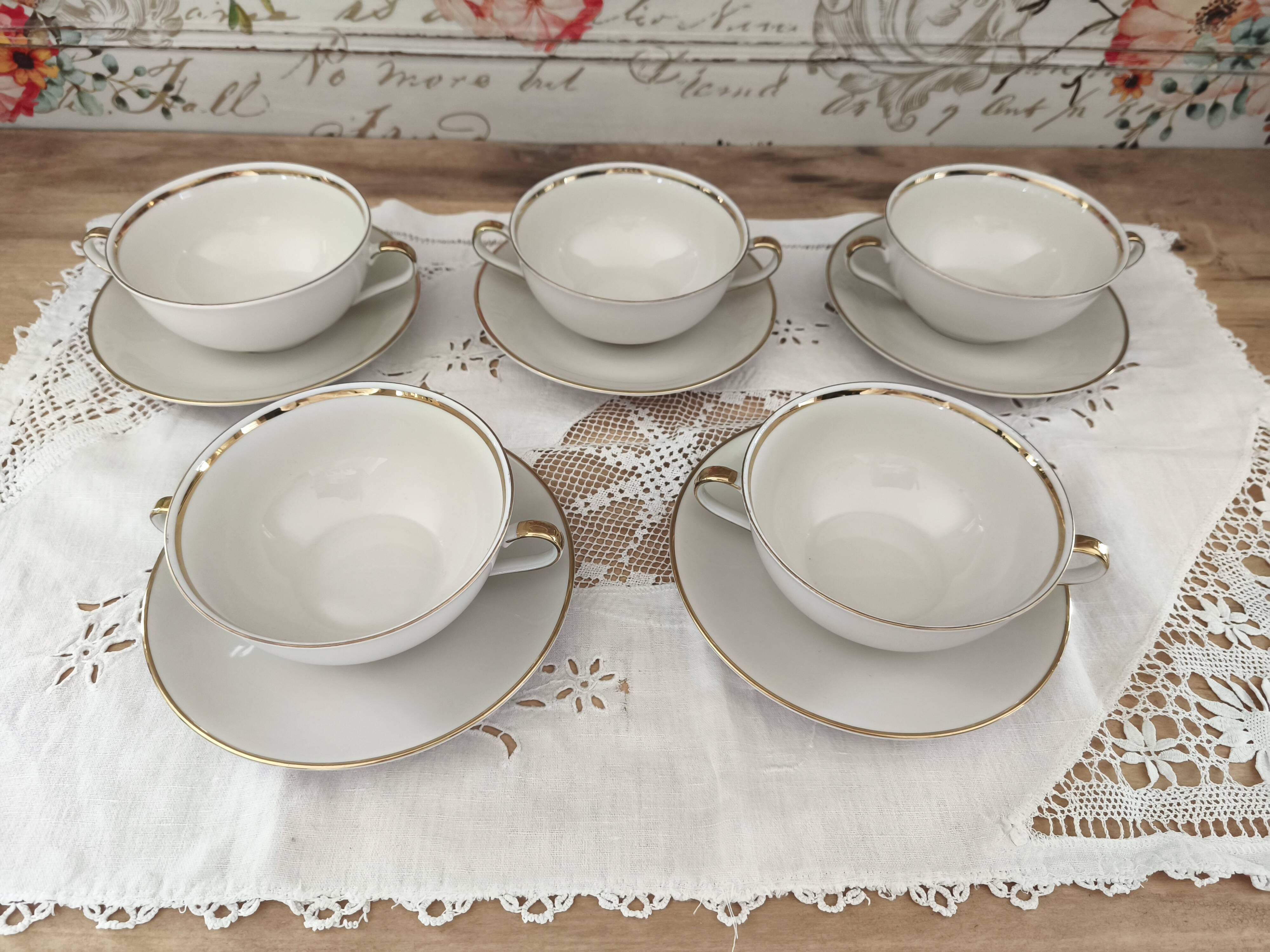 Set of 5 Bavaria porcelain soup bowls with 2 handles, beige, gold edging