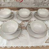 Set of 5 Bavaria porcelain soup bowls with 2 handles, beige, gold edging