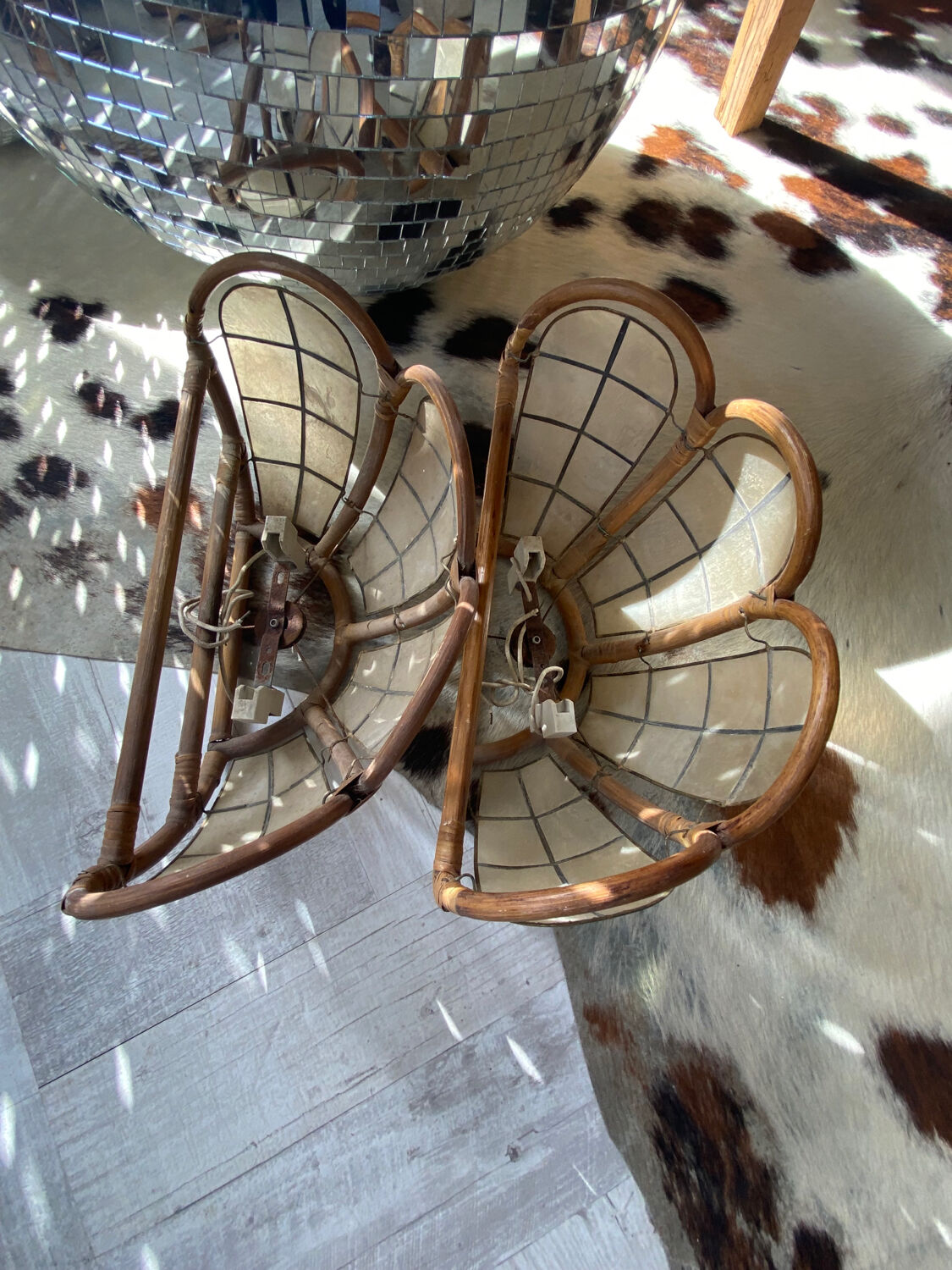 Brass mother-of-pearl rattan sconces