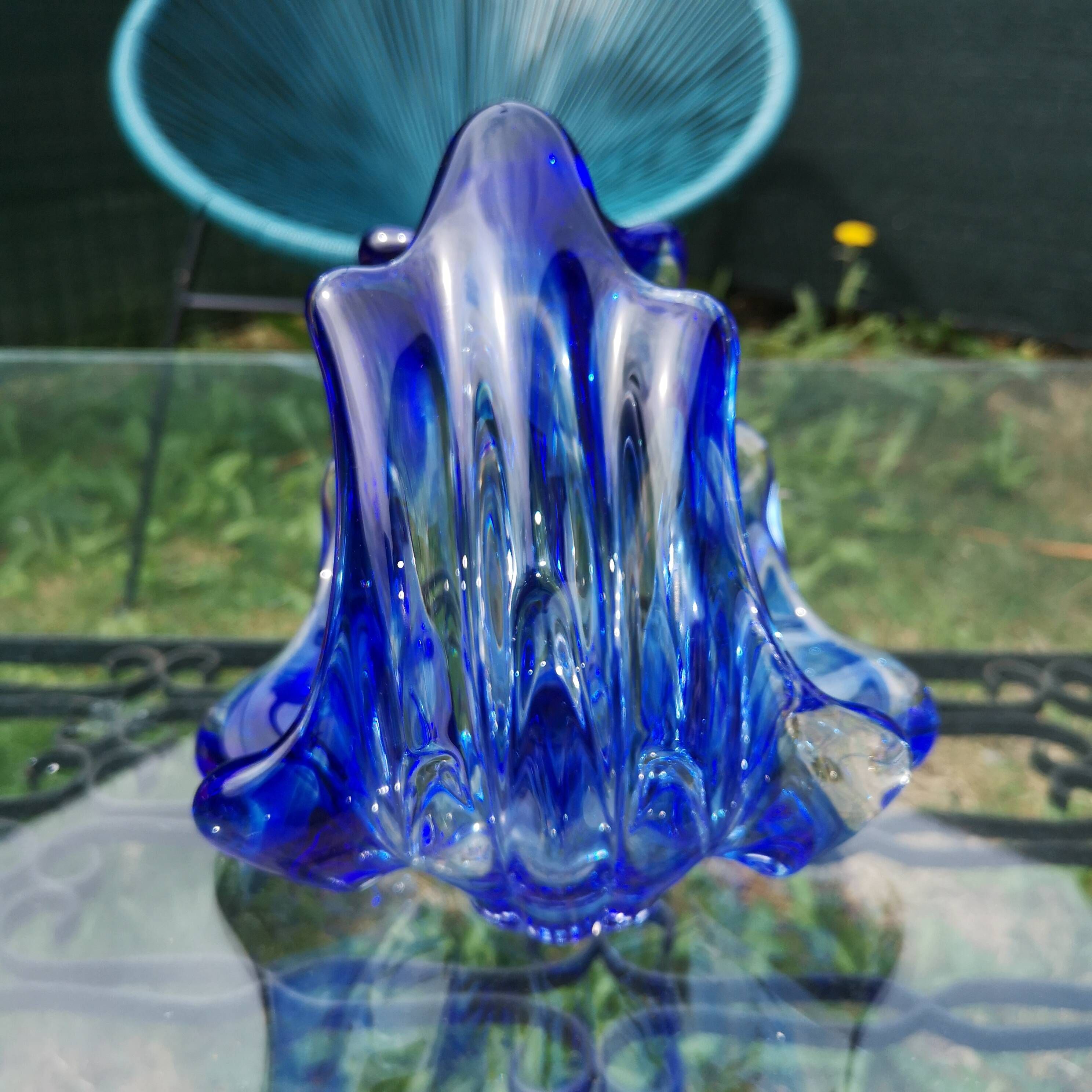 Murano Blown Glass Pocket or Basket - Cobalt Blue and White