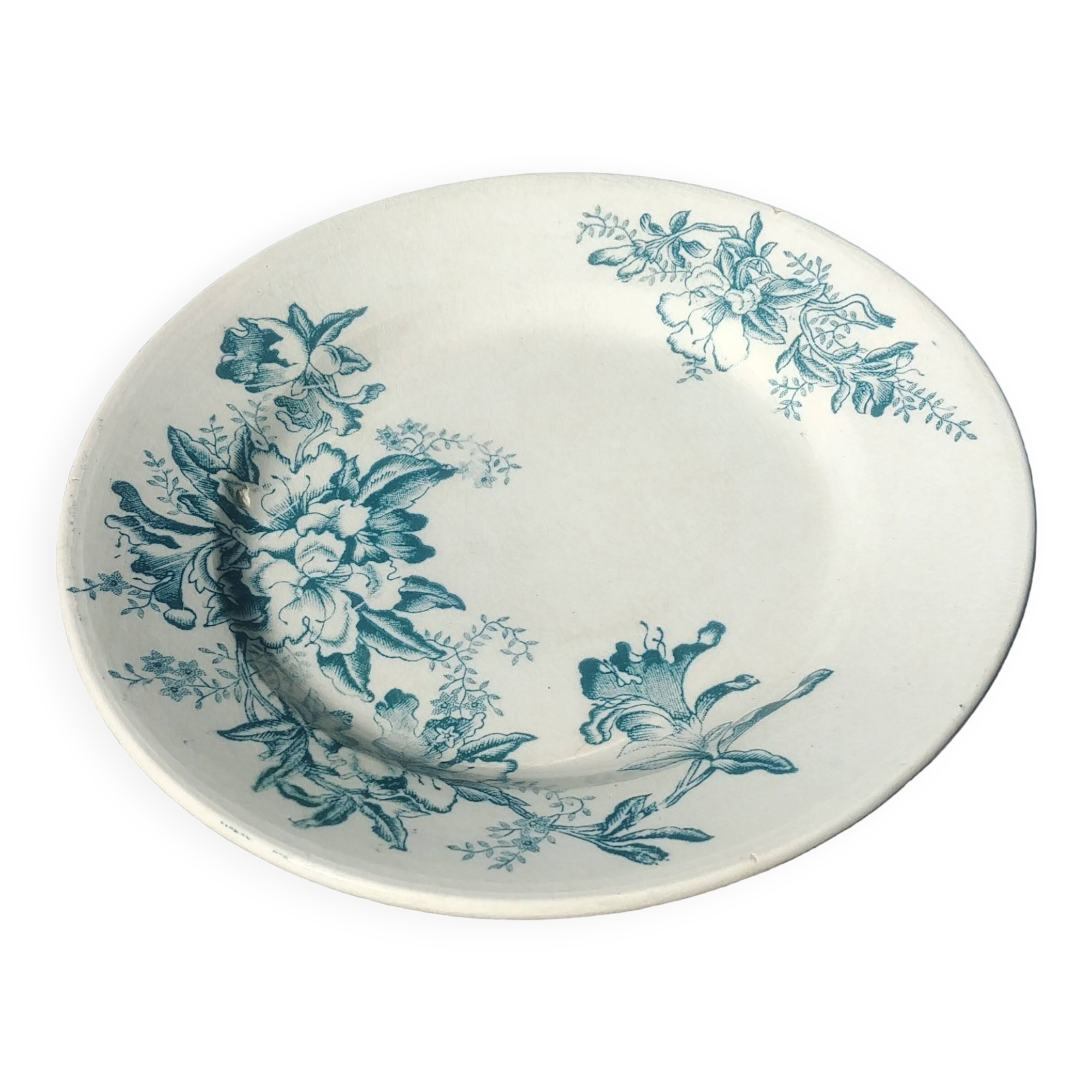 Old iron earthenware flat plate from the Lyon earthenware factory, Floréal model