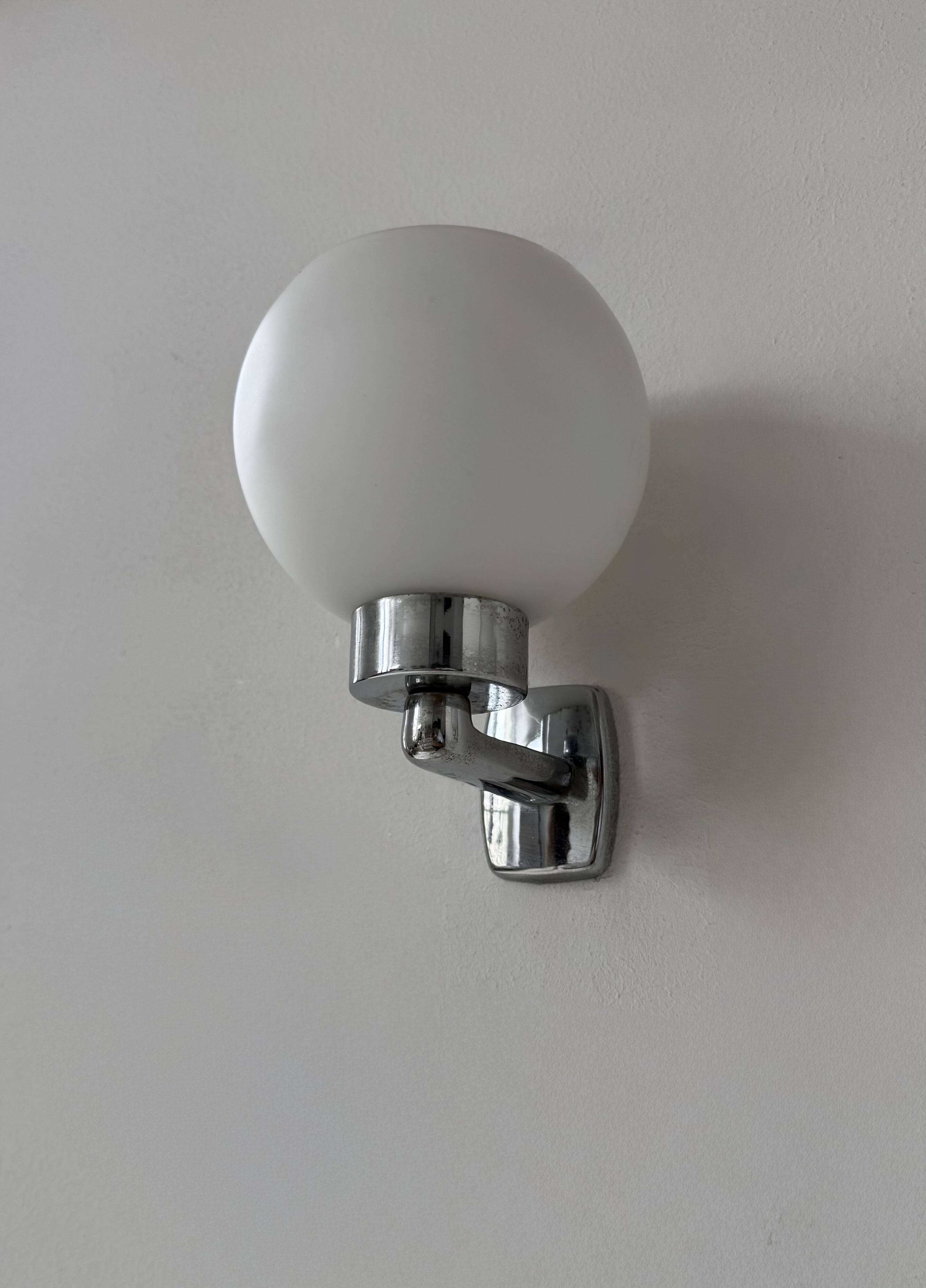 Pair of vintage wall lights, chrome and opaline glass, France, 1970