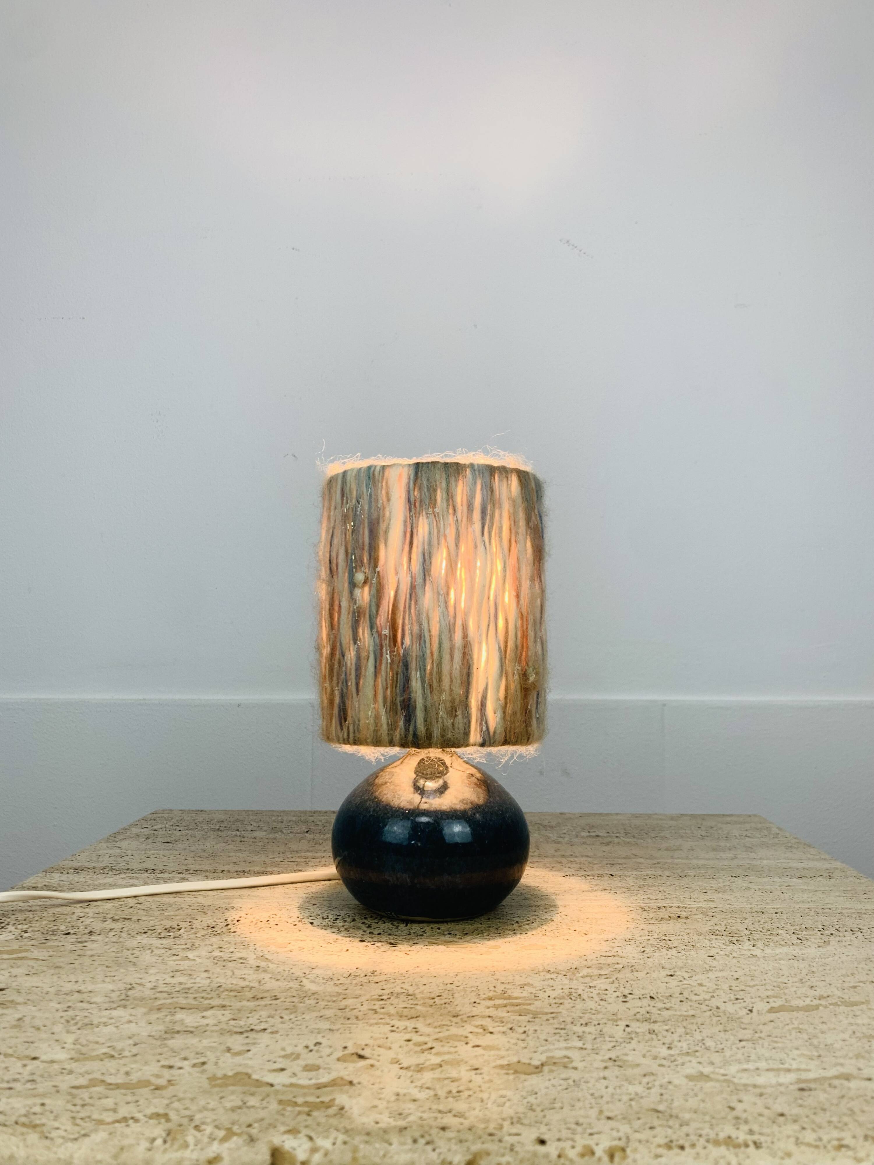 Blue ceramic ball lamp with wool lampshade, vintage