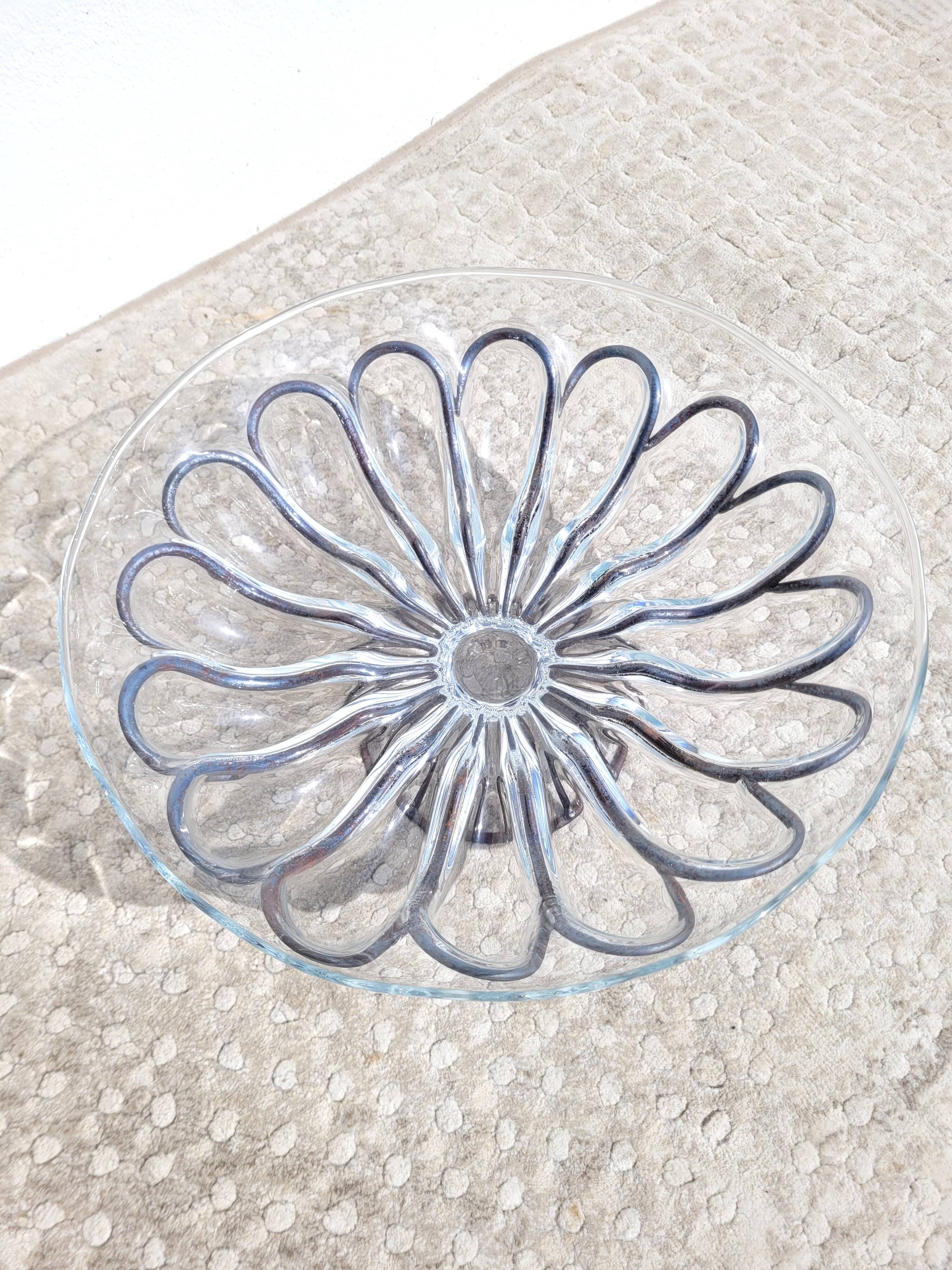 Large wrought iron and strained glass bowl