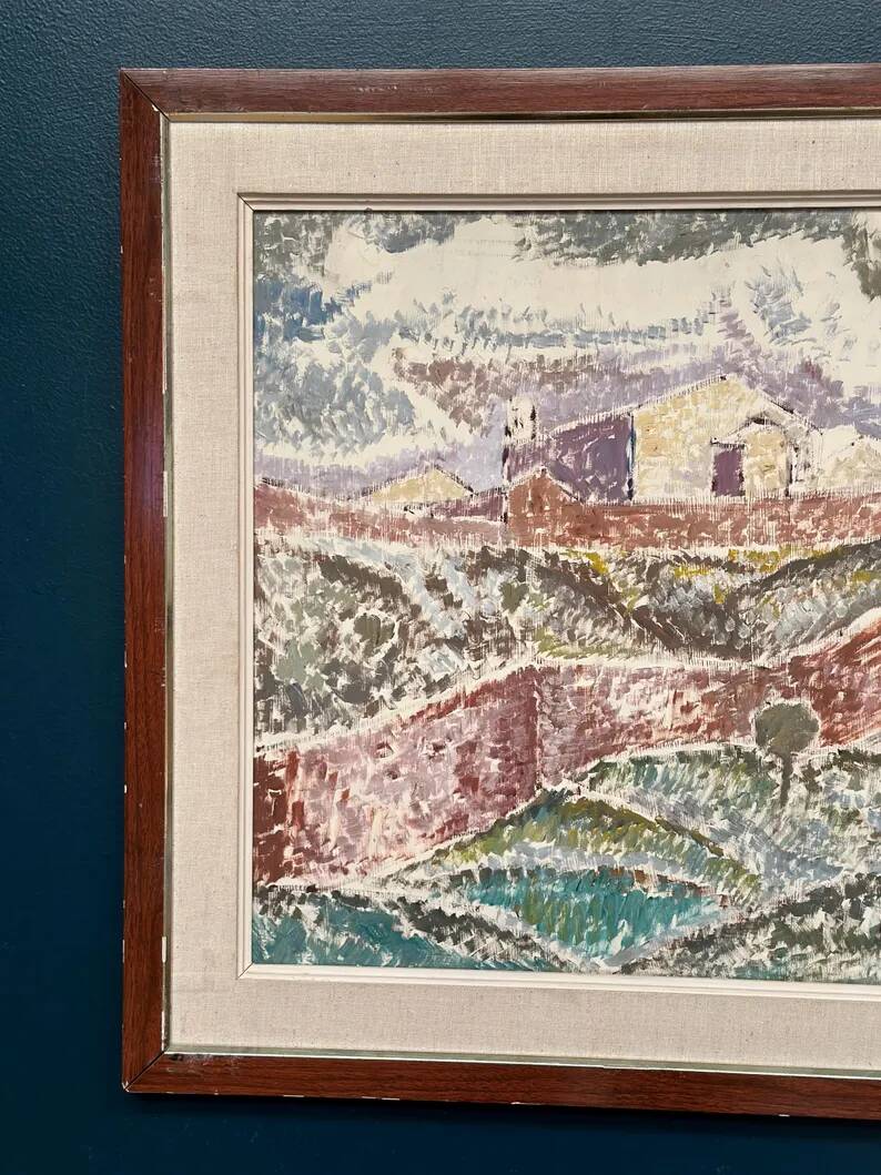 Original Swedish Oil on Canvas – "Landscape with Buildings" by Gösta Nordblad – Signed – Vintage and Framed