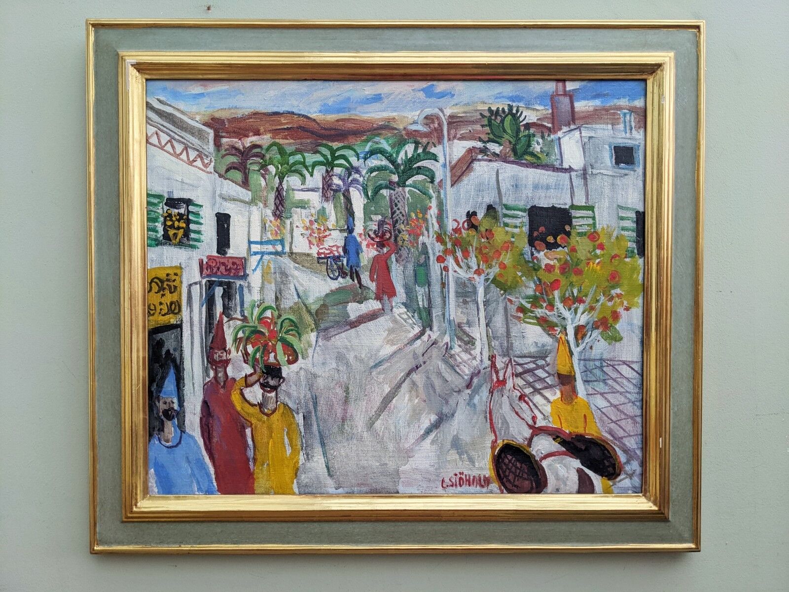Tableau ancien « shophouses » scène de rue paysage peinture à l’huile, encadré
