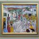 Tableau ancien « shophouses » scène de rue paysage peinture à l’huile, encadré