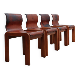 1970s Afra & Tobia Scarpa Curved Wood & Leather Chairs, set of 4