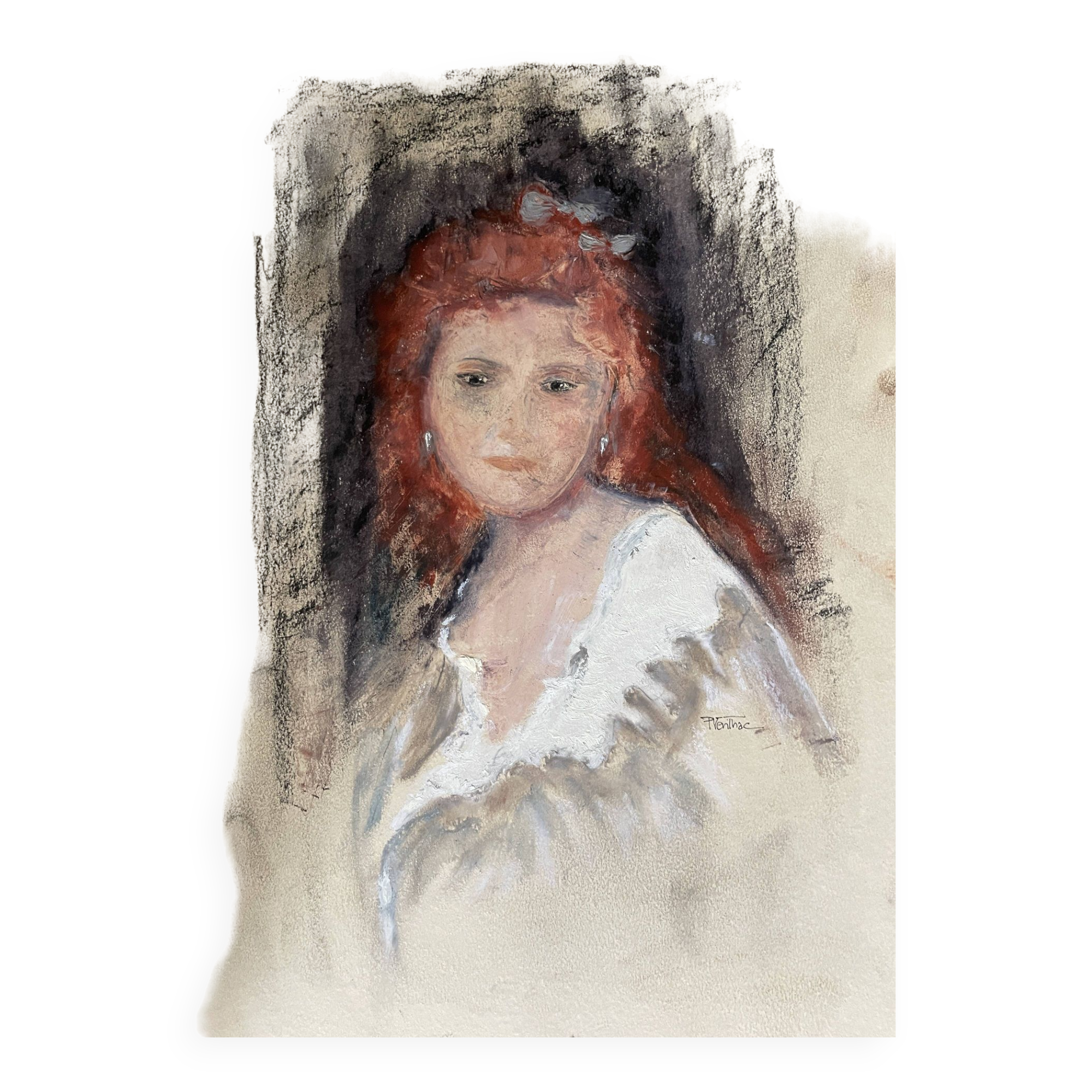 Tableau pastel signé portrait femme rousse