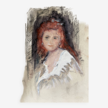Tableau pastel signé portrait femme rousse