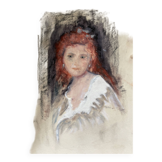 Pastel painting signed portrait of redhead woman