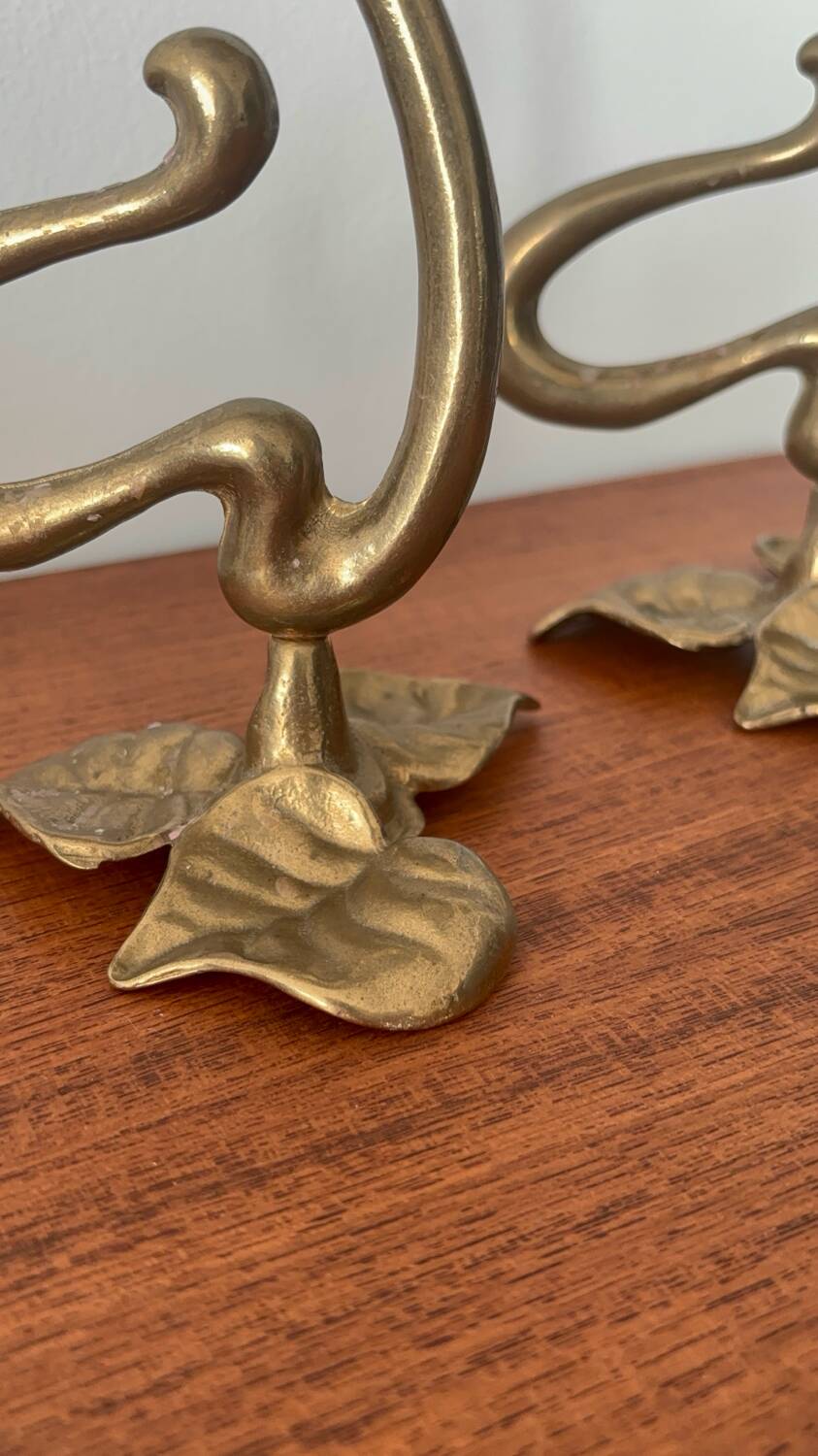 Set of 2 vintage candle holders bronze alloy – Metal flower candle holders gold