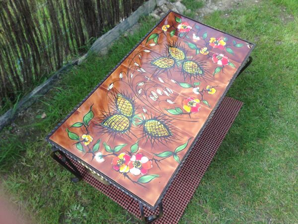 Table basse en fer forgé et céramique de Vallauris signé La Grange.
