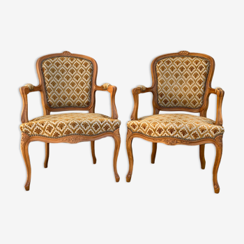 Pair of gold flocked velvet convertible armchairs