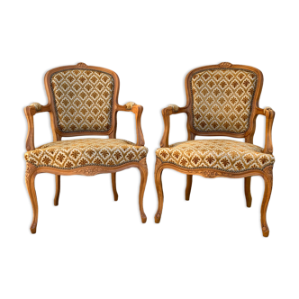 Pair of gold flocked velvet convertible armchairs