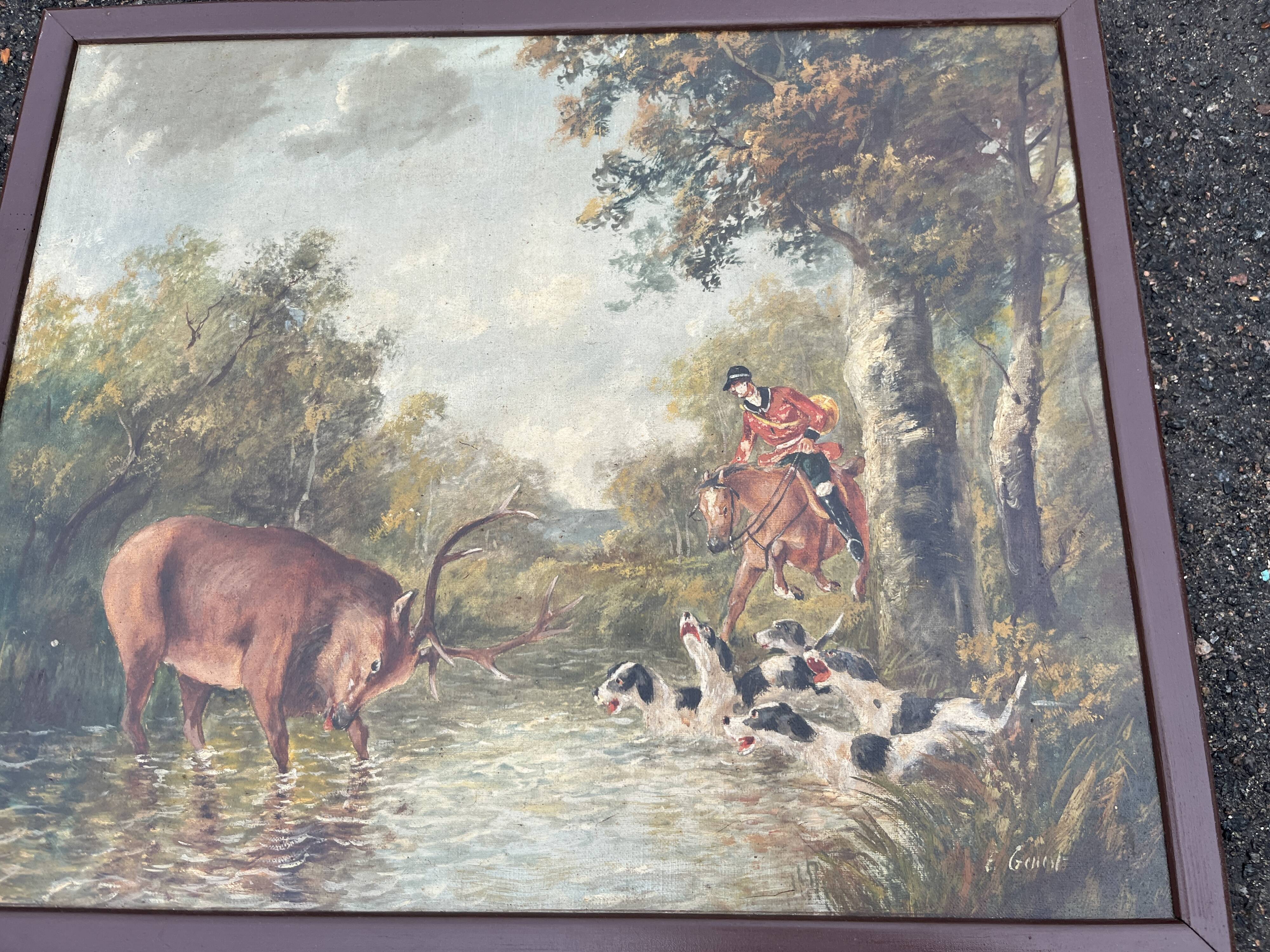 Pair of oil on canvas paintings depicting hunting scenes with deer and wild boar.