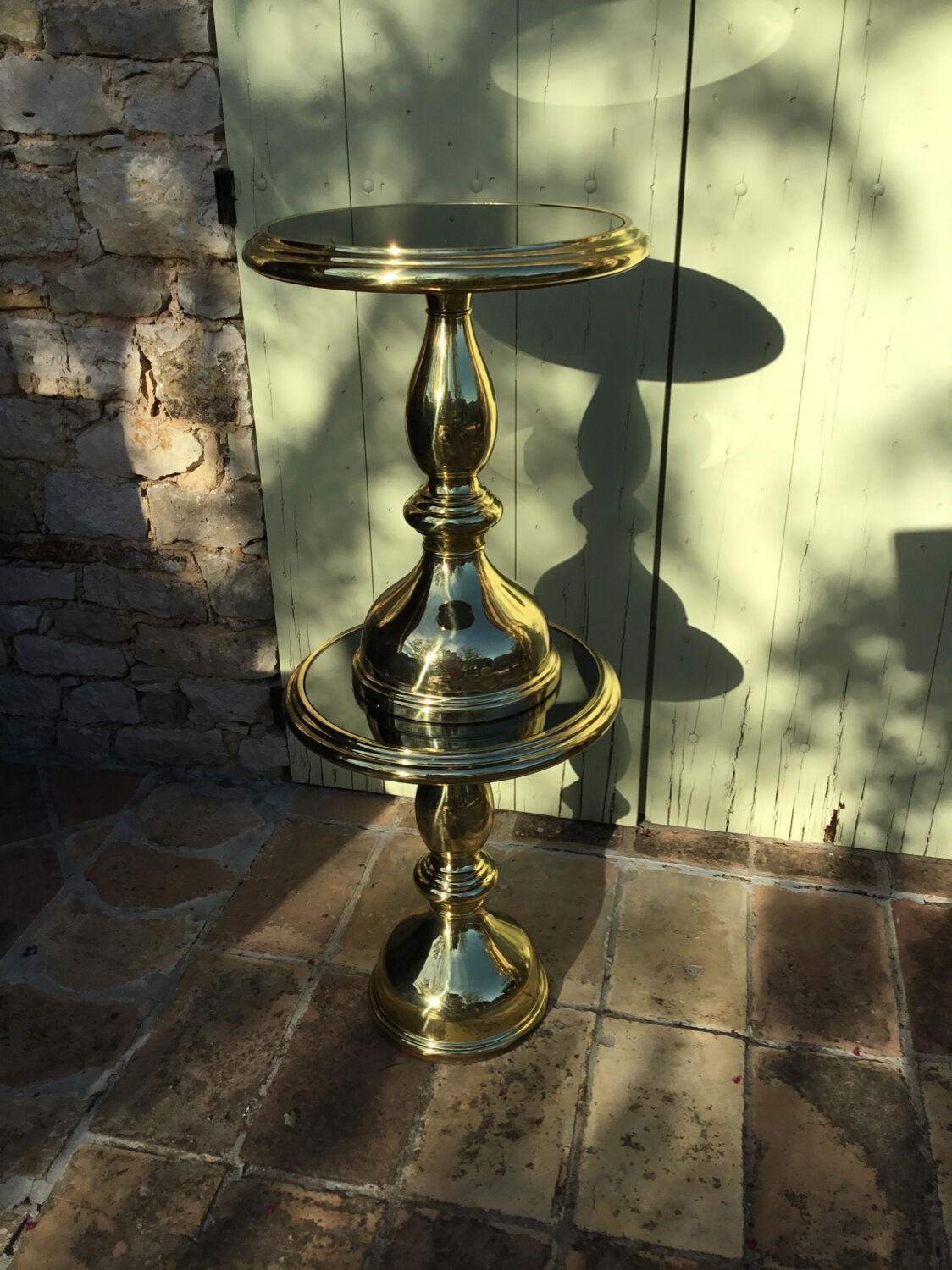 Pair of coffee tables gilded metal smoked glass top