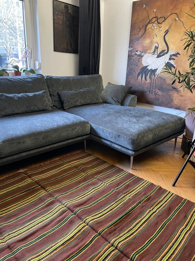 Romanian vintage carpet with stripes, made by hand in wool