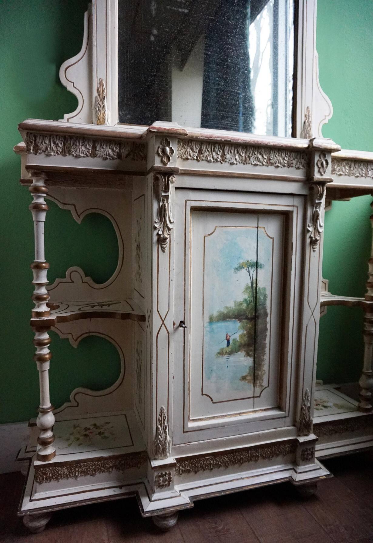 Italian hand-painted Console Table with Mirror and floral painting