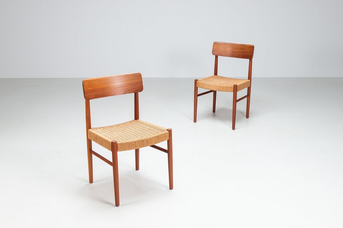 Set of four Danish dining chairs in teak and paper cord, Denmark, 1960