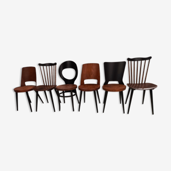 Suite de 6 chaises de bistrot Baumann dépareillées vintage modèle mondor,mouette,menuet,dove