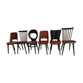 Suite of 6 Chairs De Bistrot Baumann mismatched vintage model Mondor, Seagull, Minuet, Dove