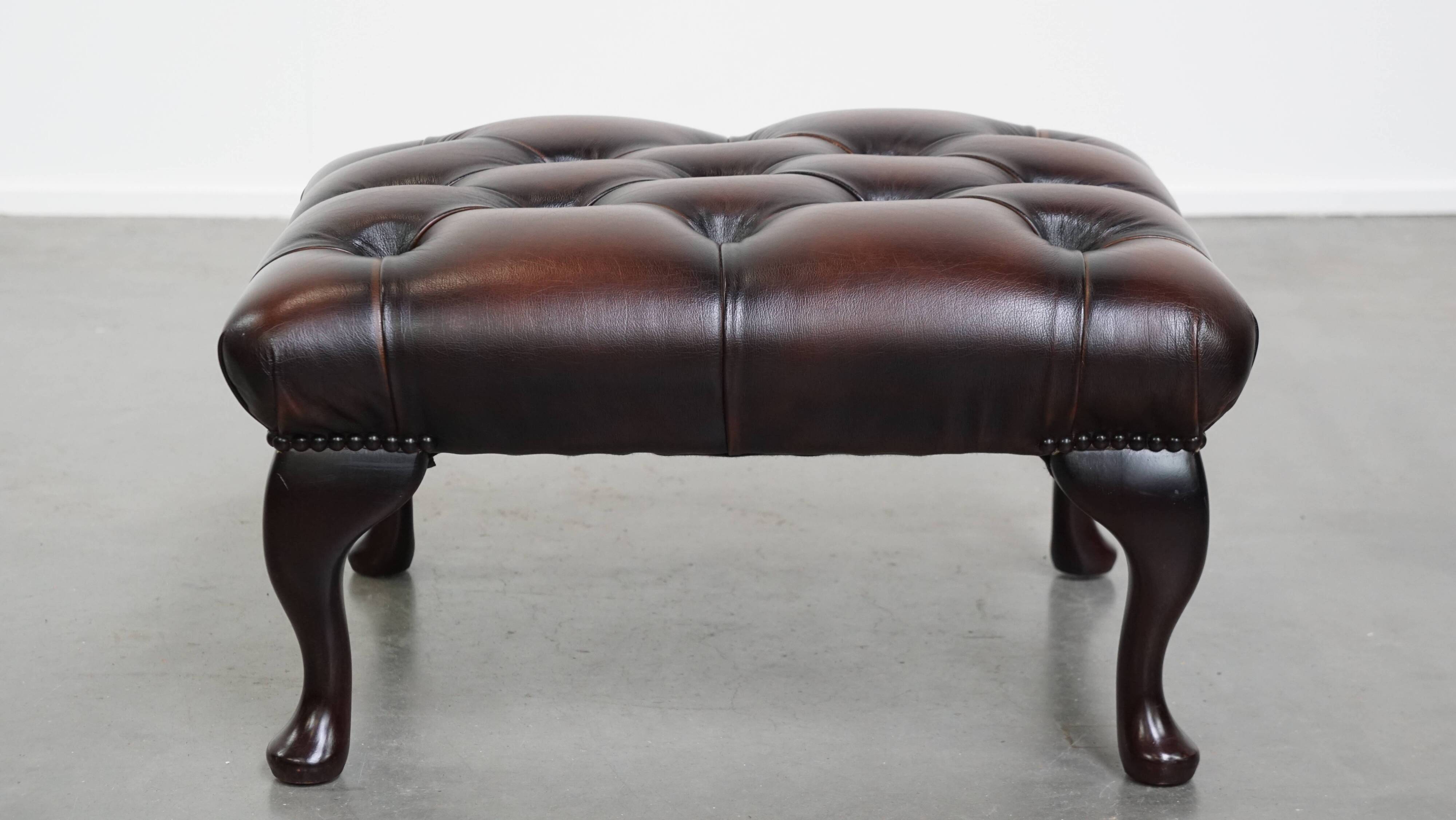 Dark Brown Chesterfield Ottoman Made of Cowhide Leather