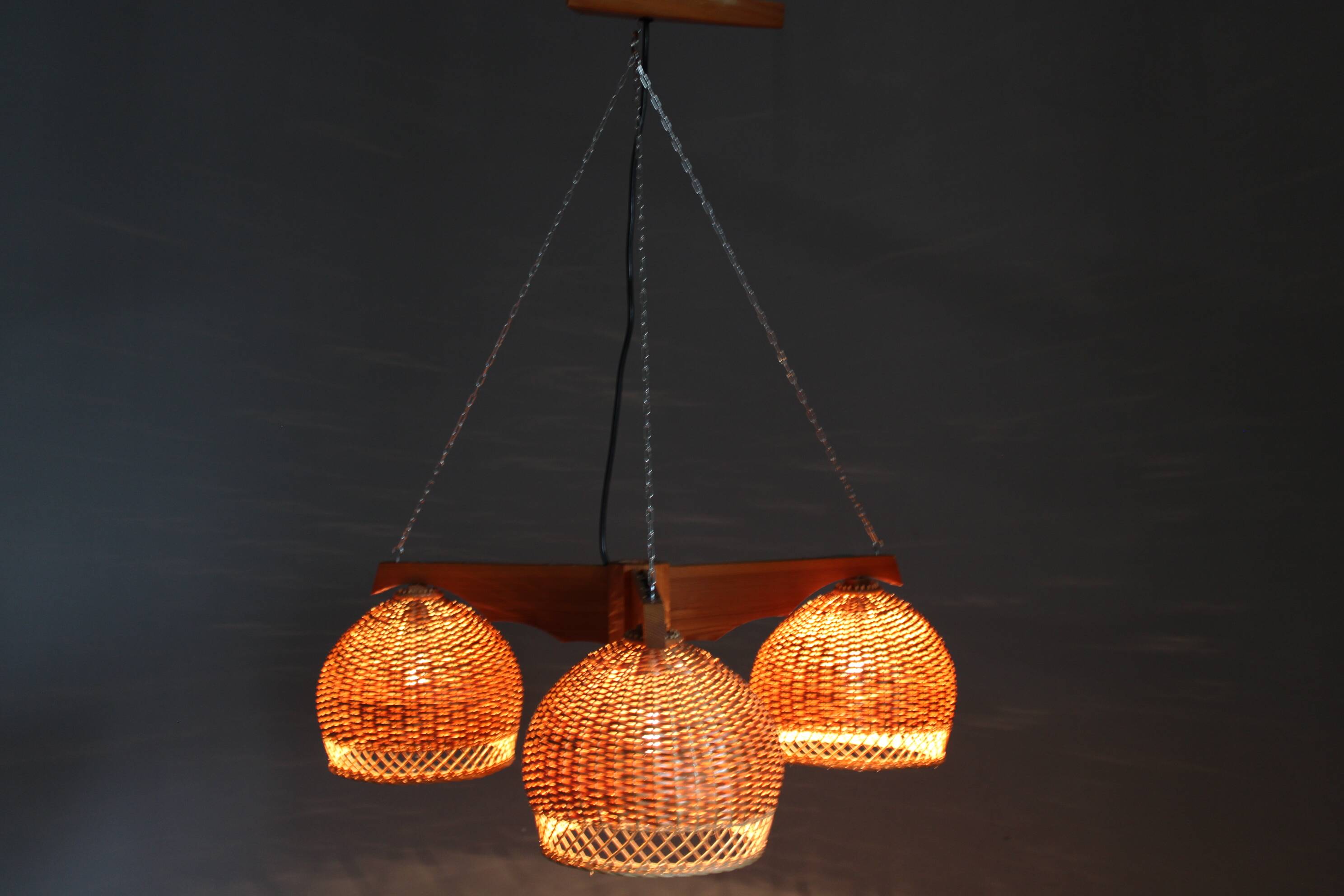 1970s Czechoslovakian rattan & pine pendant light, three-shade chandelier
