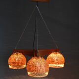 1970s Czechoslovakian rattan & pine pendant light, three-shade chandelier