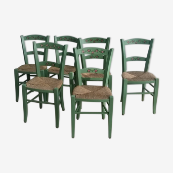 Lot de 6 chaises campagne bois paillées peinture provençale