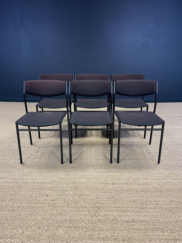 Ensemble de 6 chaises Gijs Van Der Sluis tissu aubergine pieds acier gris années 70 Pays Bas