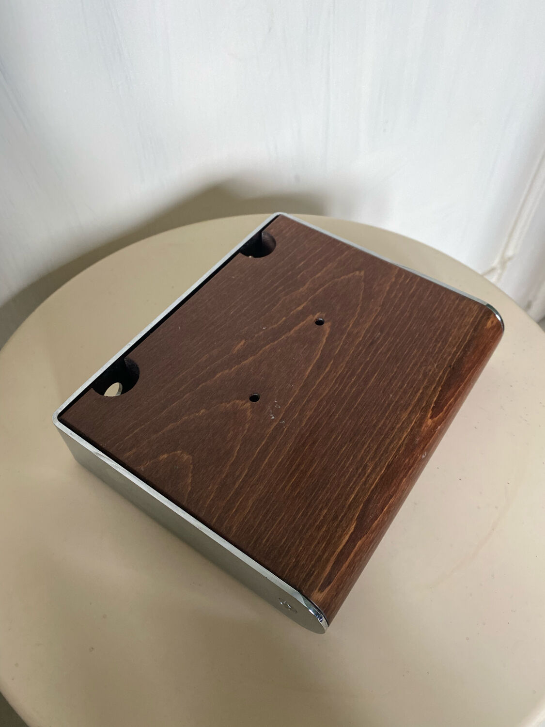 Wall soap holder design chrome and walnut wood