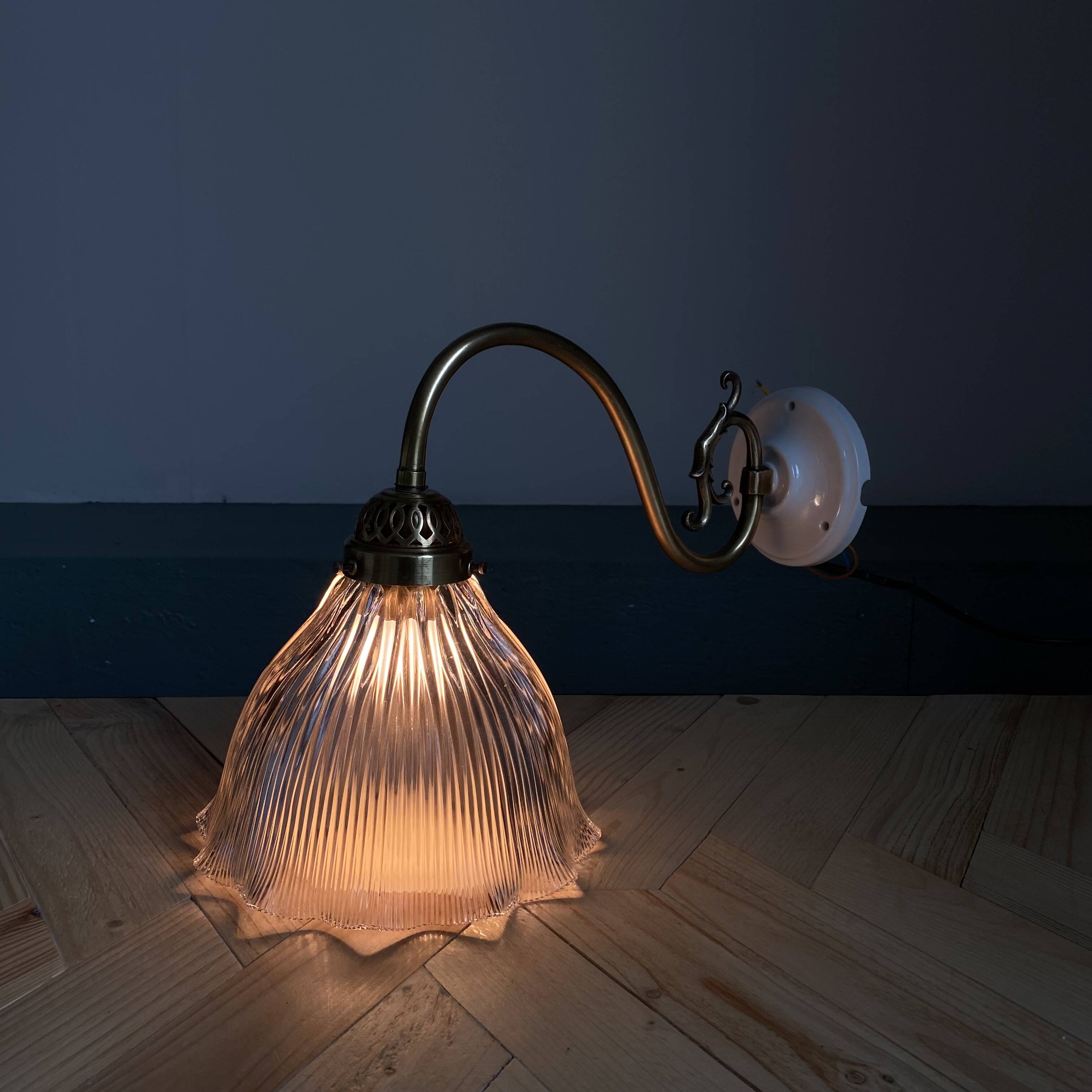Holophane tulip brass swan neck wall lamp with porcelain rosette