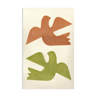 Birds - peinture sur papier - illustration h165 - terracotta et vert - signé eawy