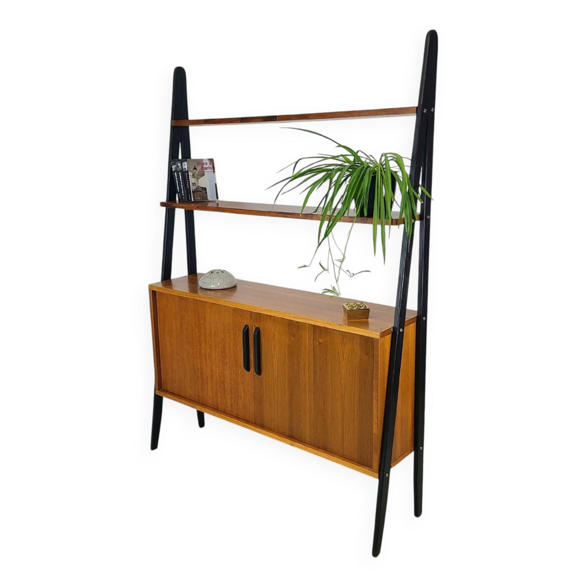 Vintage 1960s Scandinavian teak bookcase with compass legs