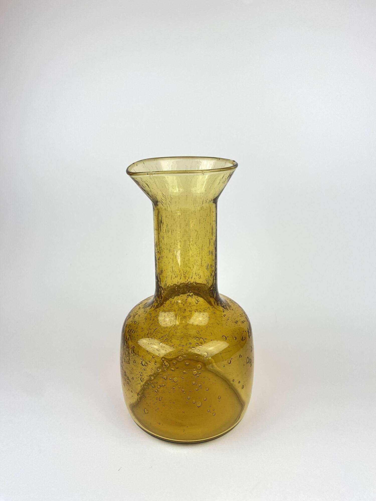 Ancien Vase Carafe Verre Soufflé Bullé Ambré Jaune