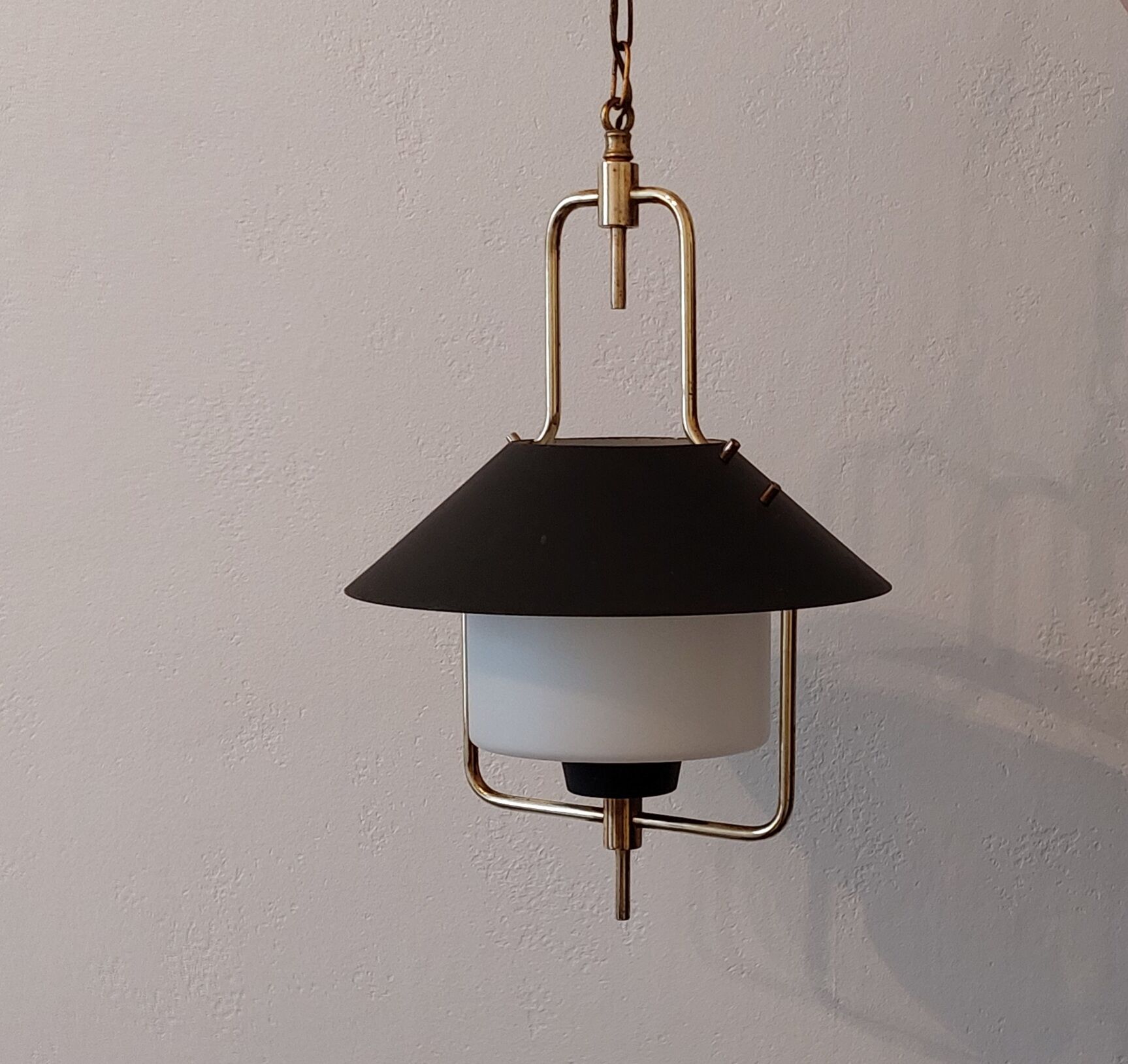 Lantern chandelier in brass and opaline glass 1940