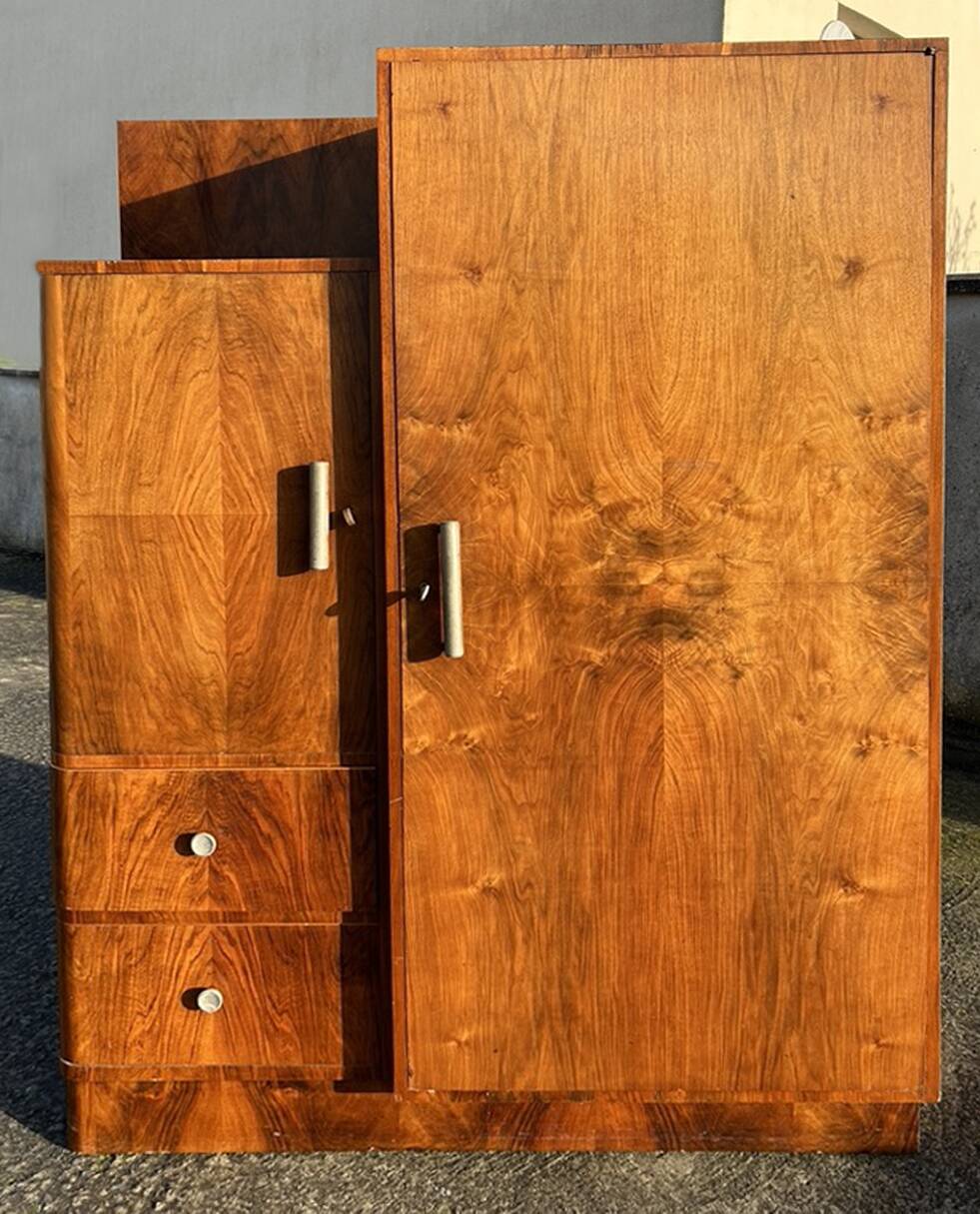 Asymmetrical wardrobe, Art Deco, 1930s walnut burl, wardrobe, shelves, drawers