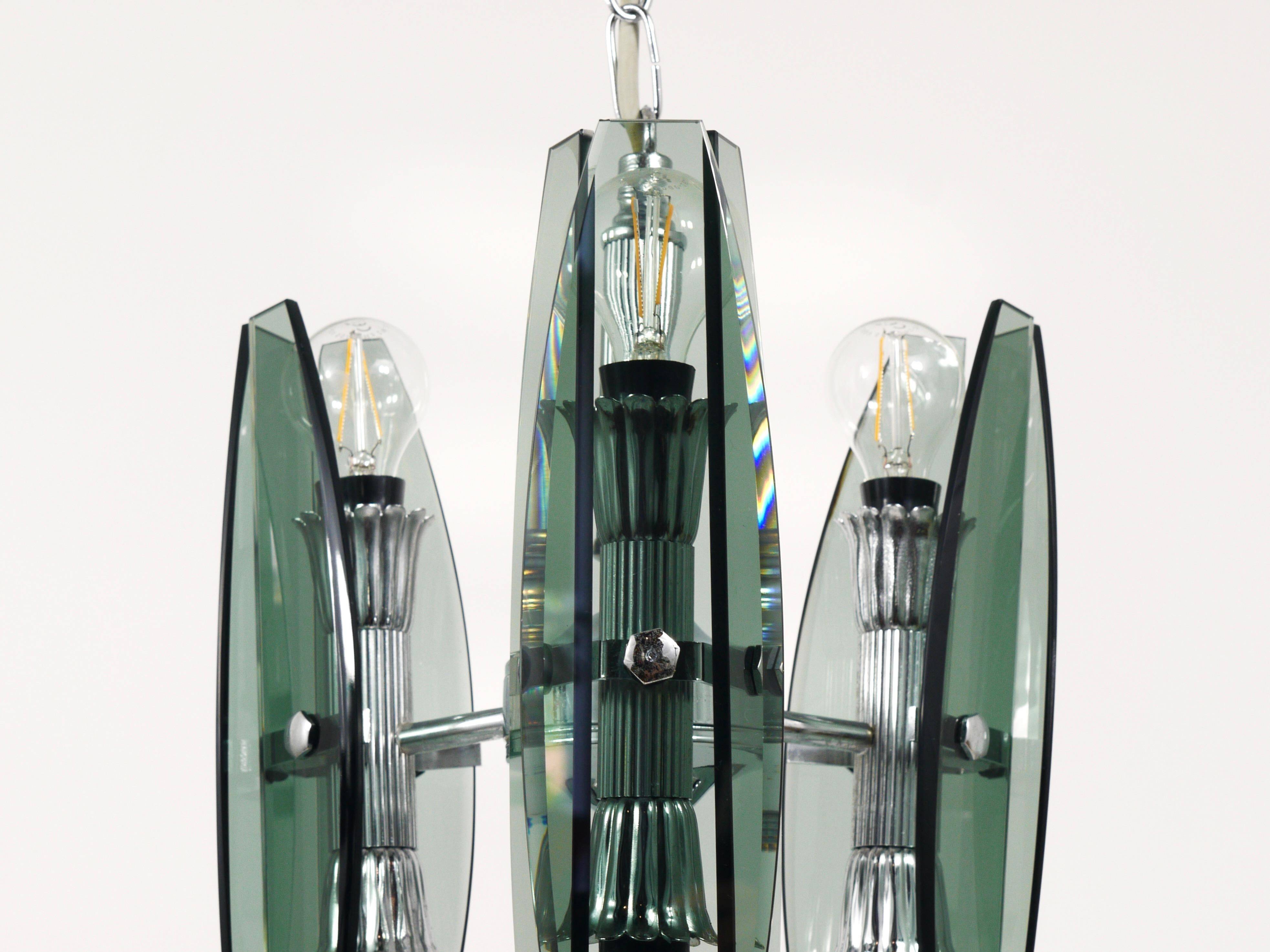 Glass and chrome suspension light in Fontana Arte style by Veca Murano, Italy.